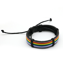 Colorful Stripe Pattern Leather Cord Bracelet, Braided Adjustable Bracelet for Men Women, Colorful, 7-1/4 inch(18.5cm)