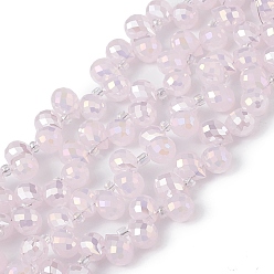 Pink Perles en verre jade d'imitation, facette, larme percée en haut, de couleur plaquée ab , rose, 10x7.5~8mm, Trou: 0.8~1mm, Environ 95~100 pcs/chapelet, 23.23~26.77 (59~68 cm)