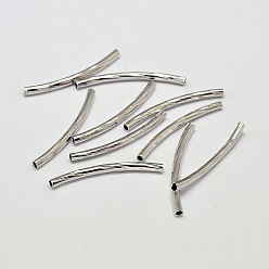 Real Platinum Plated Brass Curved Tube Beads, Curved Tube Noodle Beads, Cadmium Free & Nickel Free & Lead Free, Real Platinum Plated, 25x2mm, Hole: 1mm