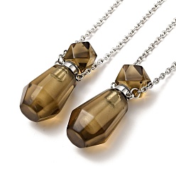 Synthetic Gemstone Openable Faceted Synthetic Smoky Quartz Perfume Bottle Pendant Necklaces for Women, 304 Stainless Steel Cable Chain Necklaces, Stainless Steel Color, 18.74 inch(47.6cm)