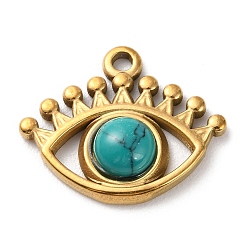 Turquoise Pendentifs yeux teints en turquoise naturelle, plaqué or 304 breloques œil en acier inoxydable, 16.5x20x5mm, Trou: 1.6mm