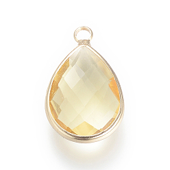 Pale Goldenrod Glass Pendants, with Brass Findings, Faceted, teardrop, Light Gold, Pale Goldenrod, 22x13.5x6mm, Hole: 1.8~2.3mm
