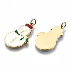 Real 14K Gold Plated 316 Surgical Stainless Steel Enamel Pendants, with Jump Rings, Christmas, Snowman, Real 14K Gold Plated, 22x14x1mm, Jump Ring: 3.8x0.6mm, 2.6mm inner diameter