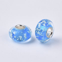 Dodger Blue Handmade Lampwork European Beads, Large Hole Beads, with Brass Silver Color Plated Single Cores, Luminous, Rondelle, Dodger Blue, 14x7.5mm, Hole: 4mm