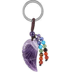 Amethyst 7 Chakra Natural Amethyst Wing Pendant Keychain, with Platinum Tone Alloy Key Rings and Gemstone Round Beads, 7.6~8cm