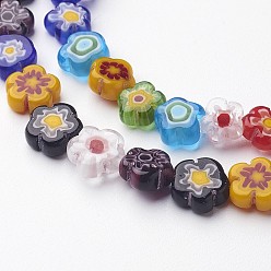 Mixed Color Handmade Millefiori Glass Bead Strands, Flower, Mixed Color, 10~12x4mm, Hole: 1mm, about 35~38pcs/strand, 16 inch