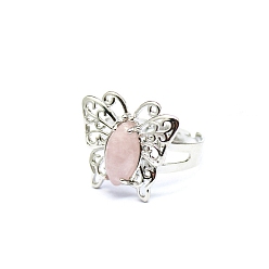 Cuarzo Rosa Anillo de dedo de cuarzo rosa natural, mariposa, mariposa: 21x21 mm
