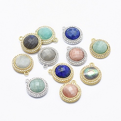 Mixed Color Natural Gemstone/Shell Pendants, with Cubic Zirconia and Brass Findings, Flat Round, Clear, Mixed Color, 17~17.5x14.5x4~6mm, Hole: 1.6mm