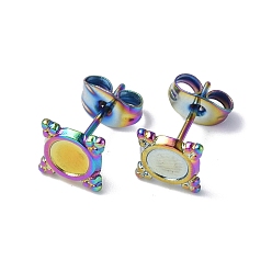 Rainbow Color Ion Plating(IP) 304 Stainless Steel Stud Earring Findings, Square with Round Tray Earring Settings, with Ear Nuts, Rainbow Color, Tray: 4mm, 7x7mm, Pin: 0.7mm