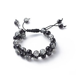 Noir Bracelet en perles de verre tressées rondes bling, bracelet réglable double couche pour femme, noir, diamètre intérieur: 2~3-3/4 pouce (5.1~9.6 cm)