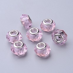 Pink Main perles européennes en verre, Perles avec un grand trou   , ame en laiton de couleur argent, rose, 14x8mm, Trou: 5mm