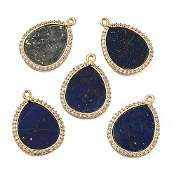 Lapis Lazuli Natural Lapis Lazuli Pendants, Teardrop Charms with Rack Plating Gloden Tone Brass Micro Pave Clear Cubic Zirconia Findings, 20.5x15x2mm, Hole: 1mm