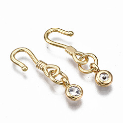 Real 18K Gold Plated Brass Micro Pave Clear Cubic Zirconia Hook and S-Hook Clasps, Nickel Free, Real 18K Gold Plated, 22mm long, Clasps: 13.5x6x1mm, Hole: 1.5mm, Jump Ring: 5x1mm, Inner Diameter: 3mm, Pendants: 6x4x3mm, Hole: 1.2mm