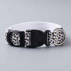 White Adjustable Polyester LED Dog Collar, with Water Resistant Flashing Light and Plastic Buckle, Built-in Battery, Leopard Print Pattern, White, 355~535mm
