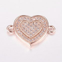 Rose Gold Brass Micro Pave Cubic Zirconia Links, Clear, Heart, Rose Gold, 12.5x17x2mm, Hole: 1mm