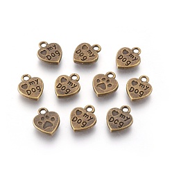 Antique Bronze Tibetan Style Alloy Charms Pendants, Cadmium Free & Nickel Free & Lead Free, Heart with word Love My Dog, Antique Bronze, 13x10x3mm, Hole: 2mm
