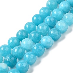 Deep Sky Blue Natural Dyed Jade Beads Strands, Round, Deep Sky Blue, 10~10.5mm in diameter, Hole: 1mm, about 37pcs/strand, 14.76''~14.80''(37.5~37.6cm)