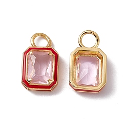 Roja Colgantes rectangulares de cristal rosa, con fornituras de latón enchapadas en oro real 18k y esmalte, sin cadmio y sin plomo y sin níquel, rojo, 15.5~16x9x3.5~4 mm, agujero: 3.3 mm