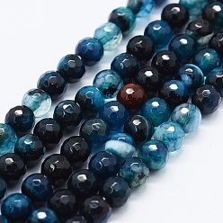 Bleu Moyen  Facettes perles en agate naturelle brins, teints et chauffée, ronde, bleu moyen, 6mm, Trou: 0.5mm, Environ 63 pcs/chapelet, 14.4 pouce (36.5 cm)