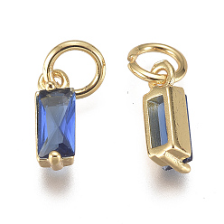 Blue Brass Micro Pave Cubic Zirconia Charms, Long-Lasting Plated, with Jump Ring, Real 18K Gold Plated, Rectangle, Blue, 10x3x3mm, Hole: 3mm