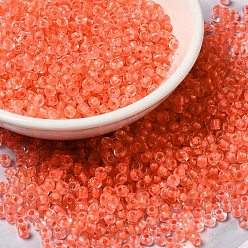 Orange Red 8/0 Transparent Glass Seed Beads, Inside Colours, Round Hole, Round, Orange Red, 3~3.5x2mm, Hole: 1~1.2mm, about 450g/bag