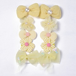 Yellow 5 Pair 5 Style Bowknot & Flower Polyester Alligator Hair Clips, Iron Hair Accessories, Yellow, 66x45x19mm, 1 Pair/style