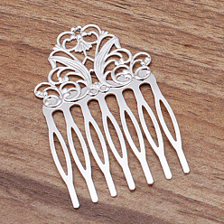 Silver Iron Hair Combs Findings, with Brass Flower, Silver, 65x38x2mm