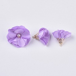Lilac Handmade Cloth Pendant Decorations, with Alloy Findings, Flower, Lilac, 24~26x24~25mm, Hole: 2mm