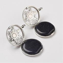 Blue Goldstone Synthetic Blue Goldstone Pendants, with Brass Diffuser Locket Findings, Flat Round with Snowflake, 31x26x8mm, Hole: 4mm