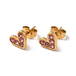 Rose Heart 304 Stainless Steel Rhinestone Stud Earrings, 316 Surgical Stainless Steel Pin Ear Studs, with Ear Nuts, Golden, Rose, 7x8.5mm, Pin: 0.7mm