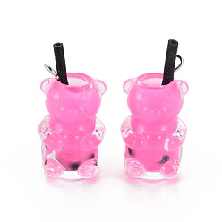 Deep Pink Imitation Bubble Tea/Boba Milk Tea Opaque Resin Pendants, Boba Polymer Clay inside, with Acrylic Cup and Iron Finding, Bear, Deep Pink, 24~32x14x13mm, Hole: 1.8mm