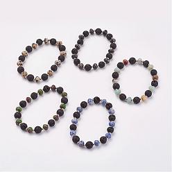 Mixed Stone Natural & Synthetic Mixed Stone & Lava Rock Stretch Bracelets, with Iron Beads, 2 inch(49mm)