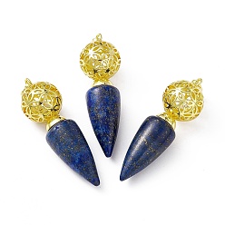 Lapis Lazuli Natural Lapis Lazuli Dyed Big Pendants, Cone Charms with Rack Plating Brass Hollow Ball, Golden, Cadmium Free & Lead Free, 57~58x17.5~18mm, Hole: 8x5mm