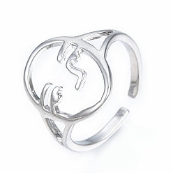 Platino Real Plateado Anillo de puño abierto de latón con cara abstracta, anillo grueso hueco para mujer, sin níquel, Platino verdadero plateado, tamaño de EE. UU. 6 (16.5 mm)