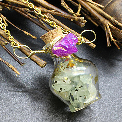 Olive Jade Natural Olive Jade Chips Perfume Bottle Necklace, Glass Pendant Necklace with Alloy Chains for Women, 19.69 inch(50cm)