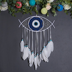 White Wooden Woven Net/Web with Feather Pendant Decotations, with Dyed Feather and Silk Cord, Wall Hanging Ornament for Car, Home Decor, Evil Eye, White, Pendant: 550x370mm