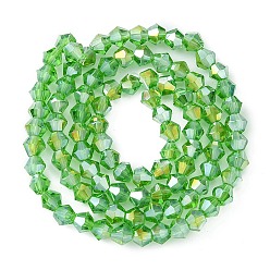Lime Green Transparent Glass Beads, AB Color Plated, Faceted Bicone, Lime Green, 4x4mm, Hole: 1mm, about 92~96pcs/strand, 13.78~14.37 inch