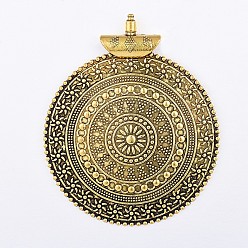 Or Antique Plat rond gros style tibétain pendentifs, Or antique, 70x58x8mm, Trou: 5mm