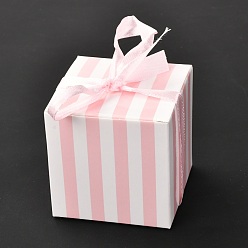 Pink Square Foldable Creative Paper Gift Box, Stripe Pattern with Ribbon, Decorative Gift Box for Weddings, Pink, 55x55x55mm