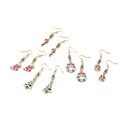 Mixed Color Christmas Theme Alloy Enamel Dangle Earrings, with Brass Earring Hooks and Glass Seed Beads, Mixed Shapes, Golden, Mixed Color, 45.5~58mm, Pin: 0.7mm