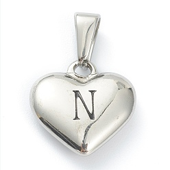 Letter N Pendentifs en acier inoxydable, coeur avec lettre noire, couleur inox, letter.n, 304mm, Trou: 16x16x4.5mm