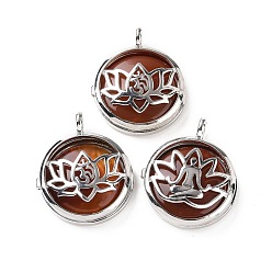 Carnelian Natural Carnelian Locket Pendants, Flat Round Charms, with Platinum Plated Brass Lotus Findings, 31.5x27x9mm, Hole: 4.6mm