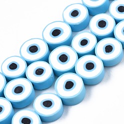 Light Blue Handmade Polymer Clay Beads Strands, Flat Round with Evil Eye, Light Blue, 8~11x4mm, Hole: 1.2mm, about 40pcs/strand, 13.98 inch~ 15.35inch(35.5cm~39cm)