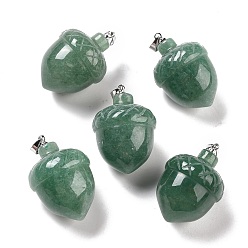 Green Aventurine Natural Green Aventurine Pendants, with Rack Plating Brass Findings, Cadmium Free & Lead Free, Real Platinum Plated, Acorns, 29x20~21mm, Clasp: 5x4mm