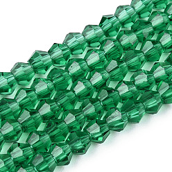 Verdemar Cuentas de vidrio transparentes, facetados, bicono, verde mar, 3x2.5 mm, agujero: 0.7 mm, sobre 162~185 unidades / cadena, 12.76~14.61 pulgada (32.4~37.1 cm)