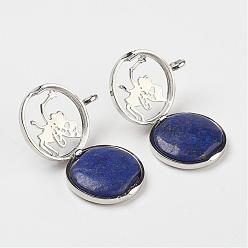 Lapis Lazuli Natural Lapis Lazuli Pendants, with Brass Diffuser Locket Findings, Flat Round with Angel, 31x26x8mm, Hole: 4mm