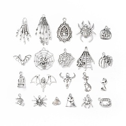 Argent Antique Pendentifs en alliage de style tibétain, charmes de formes mixtes thème halloween, argent antique, 17~42x8.5~20x2~4mm, Trou: 1.2~2.5mm, 50 pièces / kit
