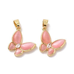 Pink Butterfly Brass Micro Pave Clear Cubic Zirconia  Pendants, with Cat Eye, Cadmium Free & Lead Free, Real 18K Gold Plated, Pink, 21x19x4mm, Hole: 3.3x4.3mm