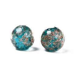 Medium Turquoise Handmade Gold Sand Lampwork Beads, Round, Medium Turquoise, 9~10x9~10mm, Hole: 1.5mm