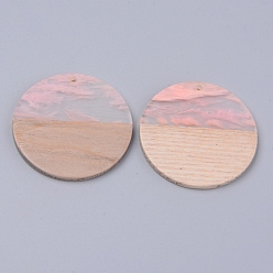 Pink Resin & Wood Pendants, Two Tone, Flat Round, Pink, 38x2~3mm, Hole: 2mm